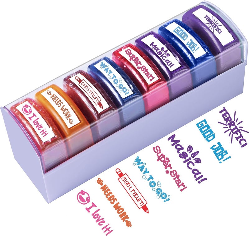 Tickselect Teacher Stamps for Classroom Grading – 8PCS Self-Inking Rectangular Teacher Stamp – Colorful Stamps for Teachers with Motivational Messages – Perfect Classroom Supplies & Gifts for Homeschool - Image 1
